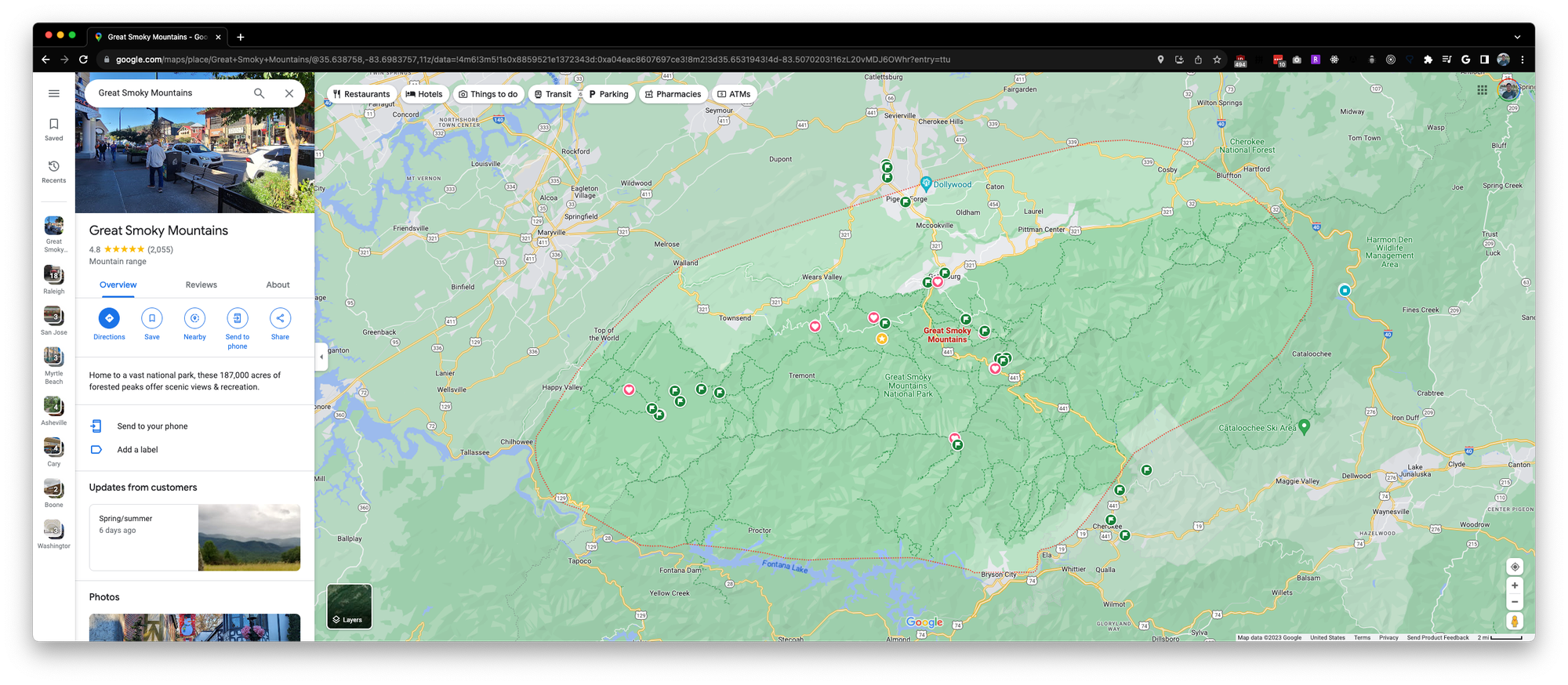 screenshot of plotted points of the great smokies on Google Maps
