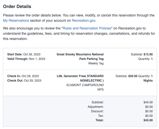 order confirmation from recreation.gov, for my camp ground and the park's parking tag